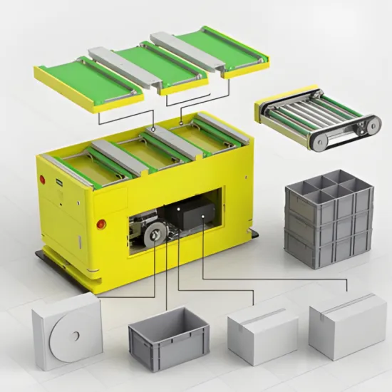 Roller conveyor docking AGV industrial transport robot, unmanned transport, AMR production automation delivery,